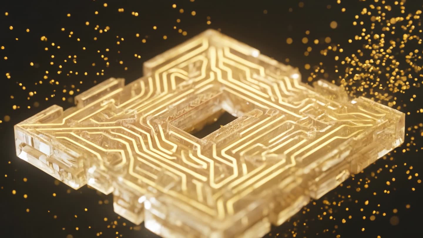 Golden sand grains assembling into a glowing microchip
