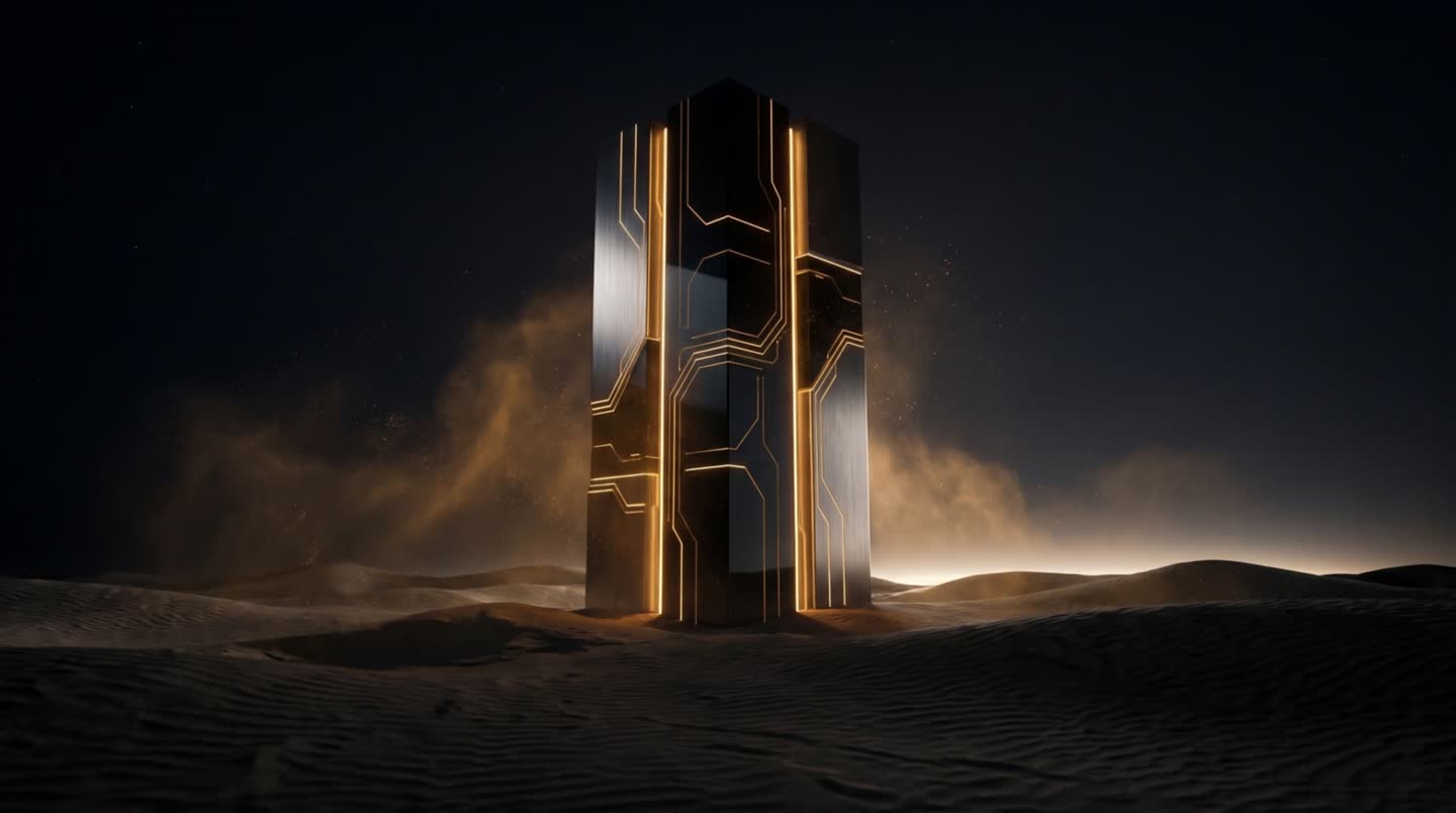 A black monolith etched with golden circuitry rising from desert sand